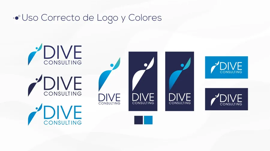 Lámina de manual de marca de DIVE Consulting con usos correctos del logo